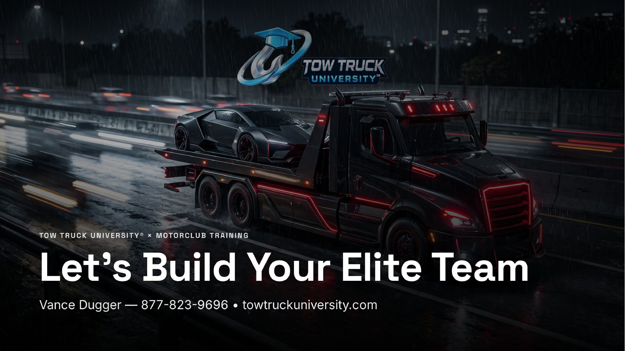 ttu-elite-build-your-team Let's Build Your Elite Team. Tow Truck University and MotorClub Training. Vance Dugger, 877-823-9696, towtruckuniversity.com.